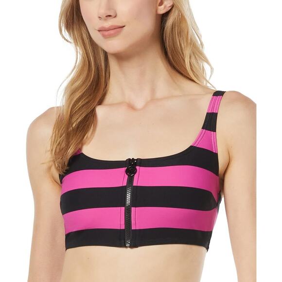 Michael Kors Womens Striped Zip-Front Bikini Swim top Pink Size L 11009 - Picture 1 of 2